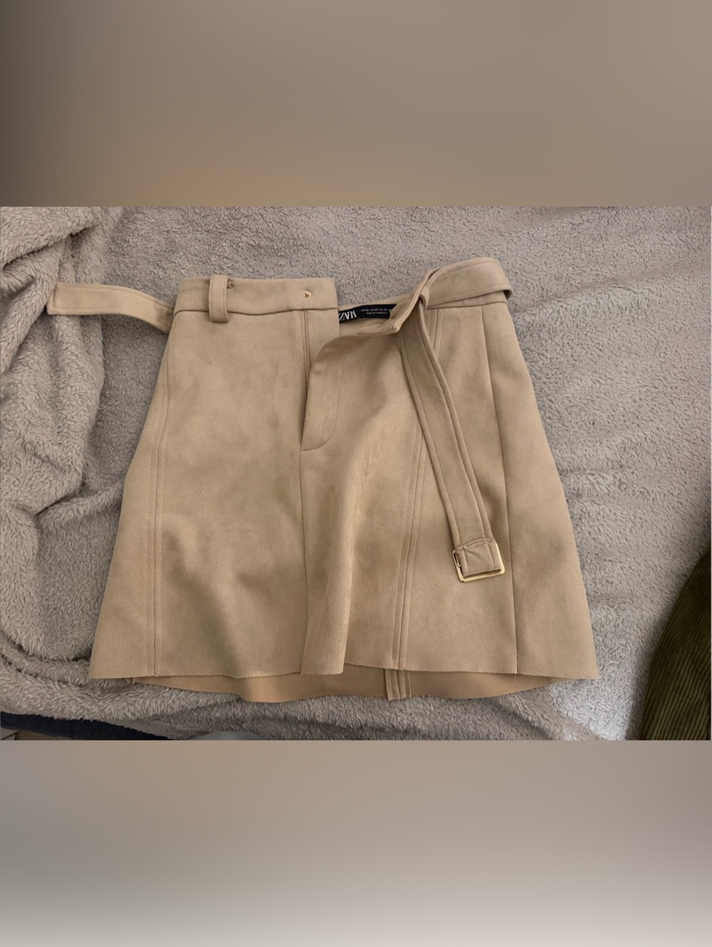 Zara Faux Suede Belted Mini Skirt Beige